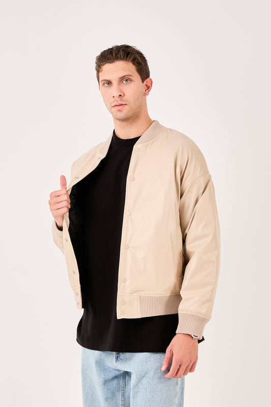 X-2018 Mens Snap Button Faux Leather Jacket BEIGE Bomber Style