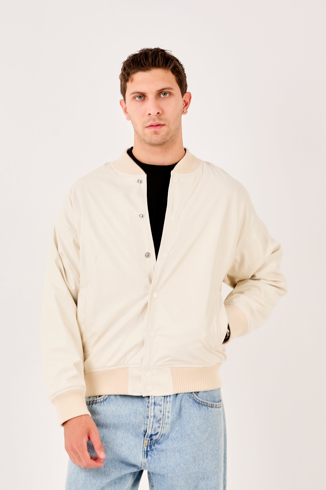 X-2018 Mens Snap Button Faux Leather Jacket WHITE Bomber Style