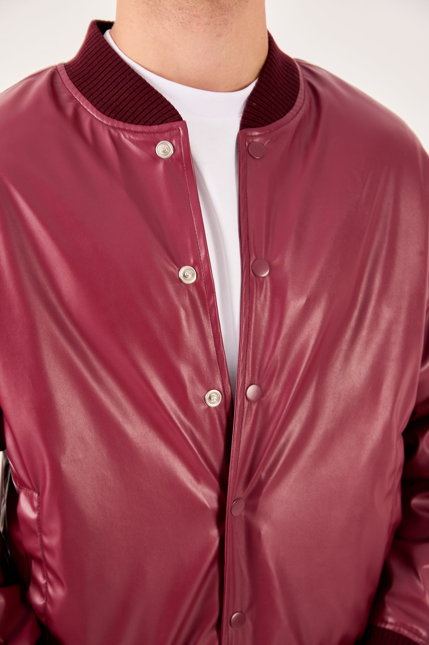 X-2018 Mens Snap Button Faux Leather Jacket BURGUNDY Bomber Style