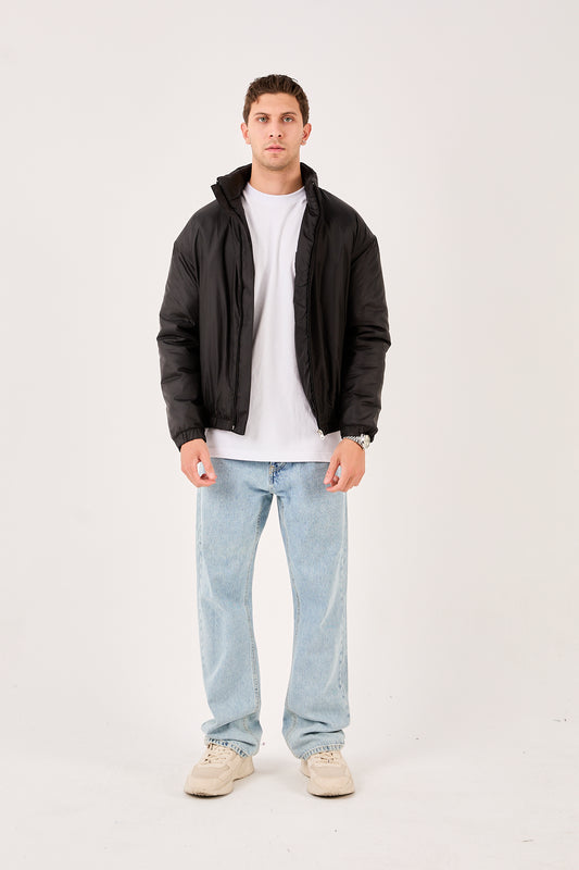 X-2009 Mens Lightweight Puffer Jacket Beige Zip Front Stand Collar Elastic Hem