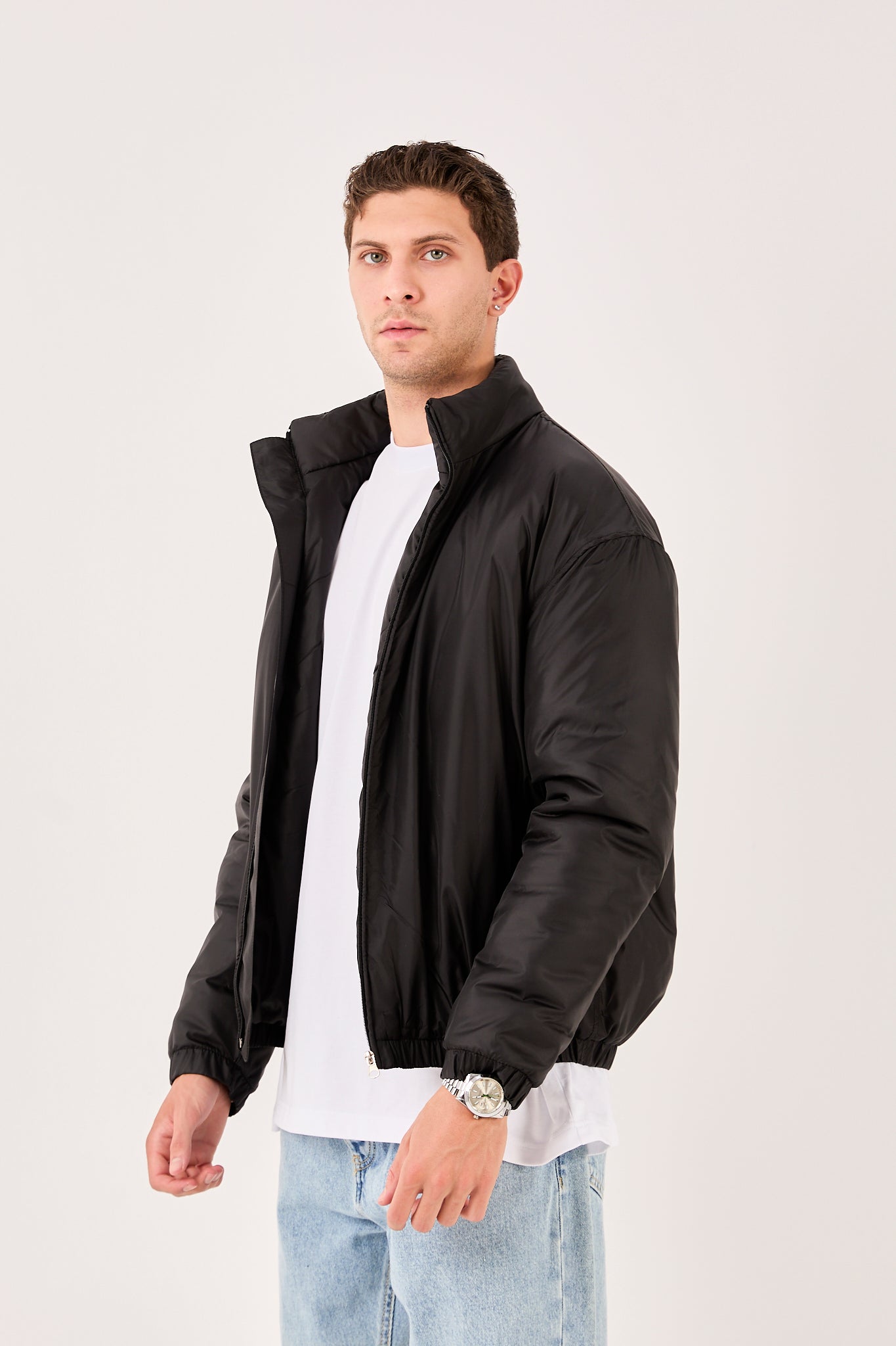 X-2009 Mens Lightweight Puffer Jacket Beige Zip Front Stand Collar Elastic Hem