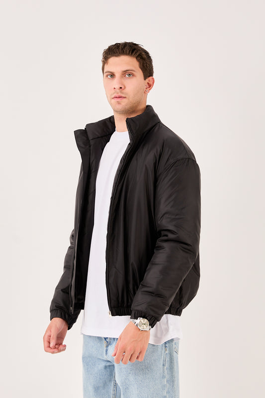 X-2009 Mens Lightweight Puffer Jacket Beige Zip Front Stand Collar Elastic Hem