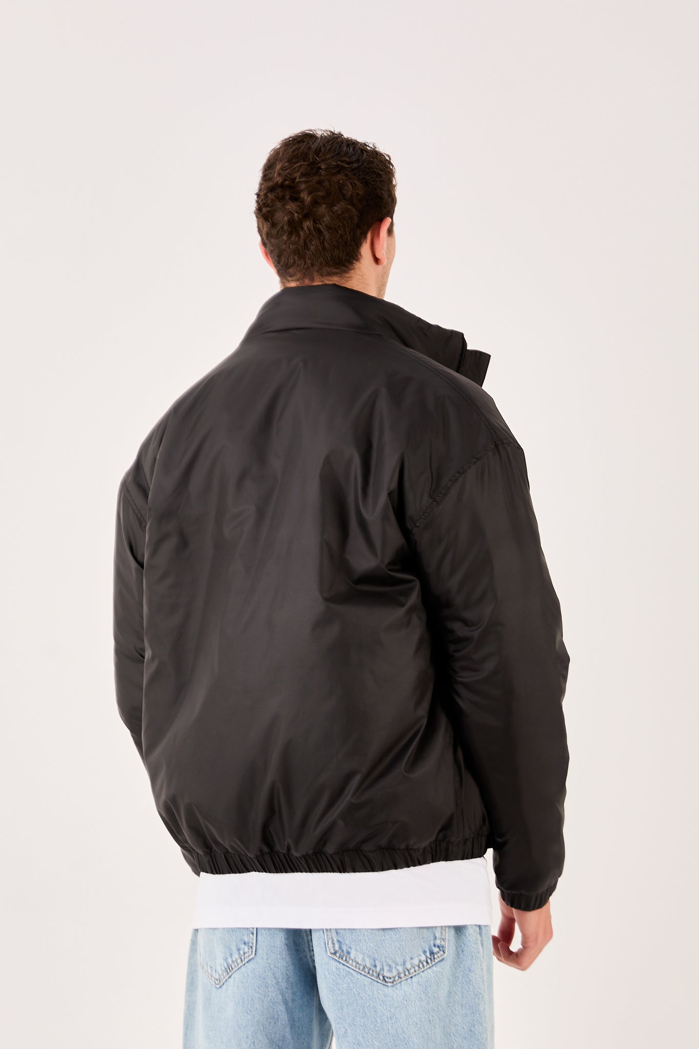 X-2009 Mens Lightweight Puffer Jacket Beige Zip Front Stand Collar Elastic Hem