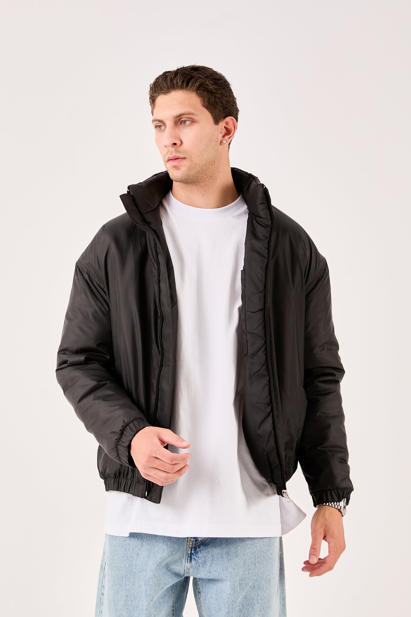X-2009 Mens Lightweight Puffer Jacket Beige Zip Front Stand Collar Elastic Hem