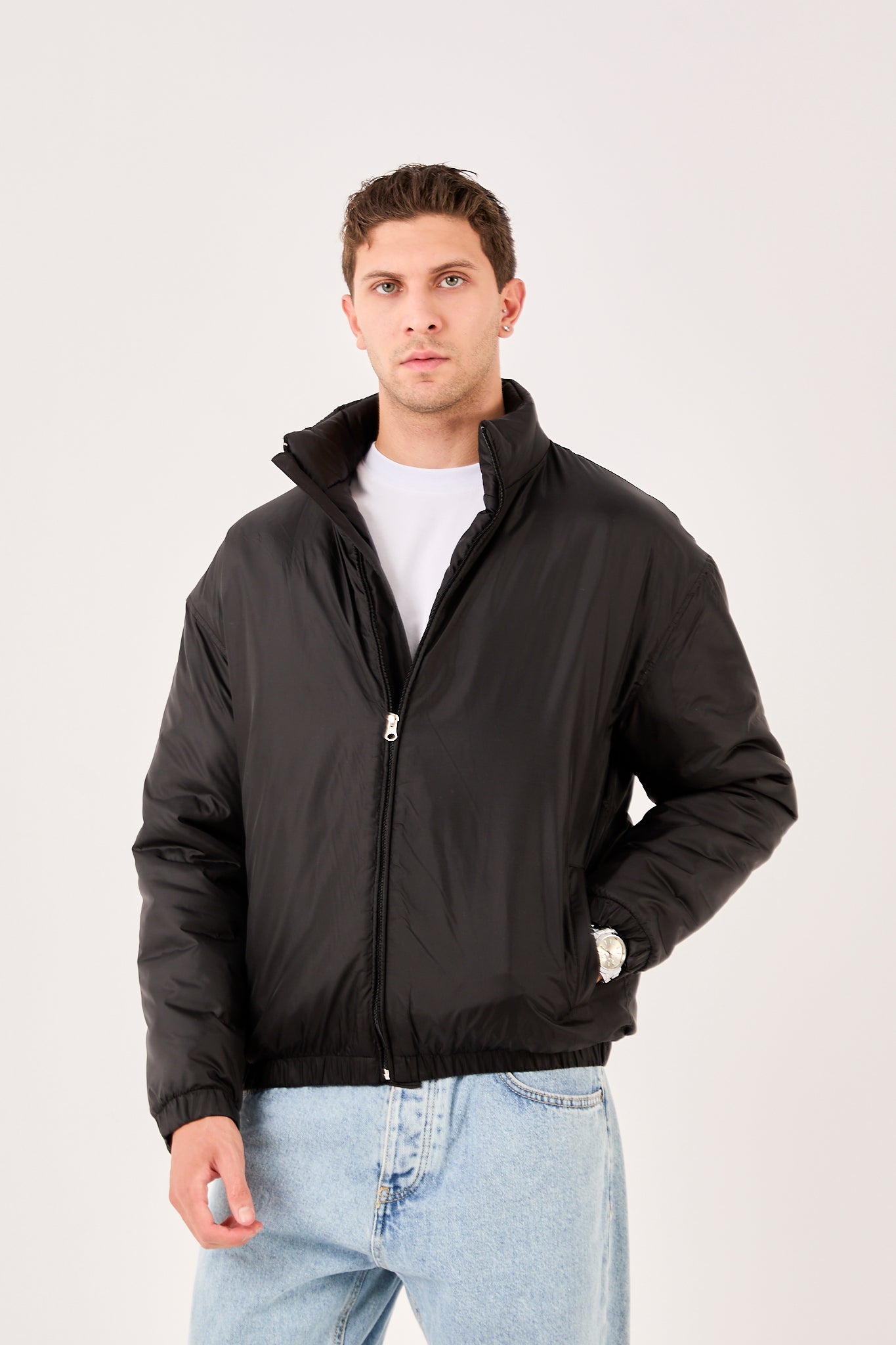 X-2009 Mens Lightweight Puffer Jacket Beige Zip Front Stand Collar Elastic Hem
