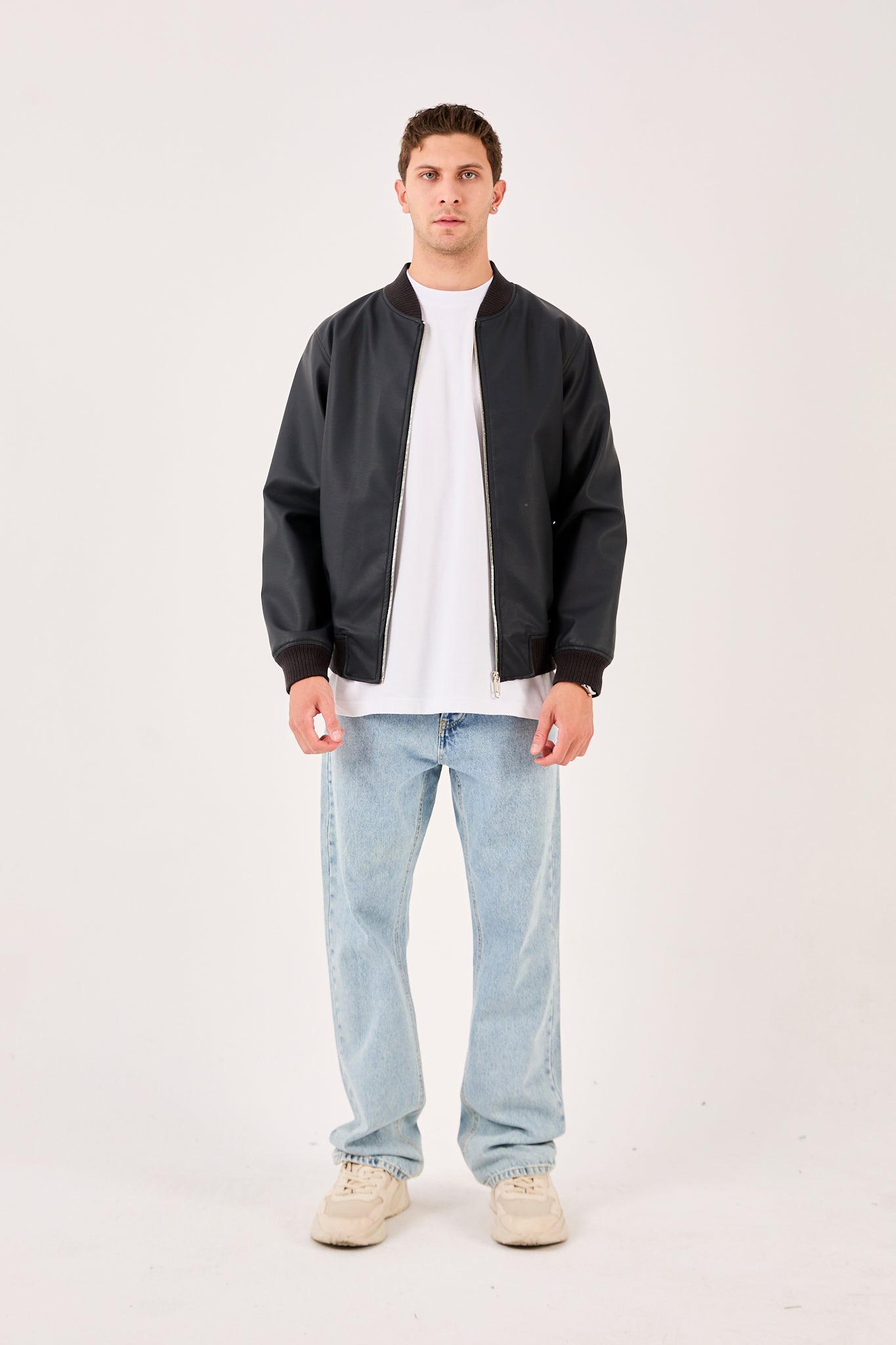 X-2012 Mens Bomber Jacket Black Zip Front Ribbed Collar Cuffs Hem