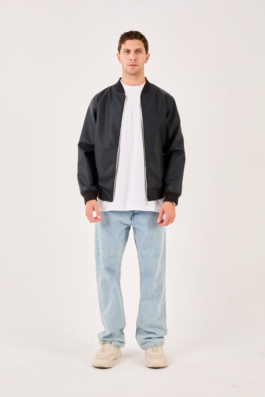 X-2012 Mens Bomber Jacket Black Zip Front Ribbed Collar Cuffs Hem
