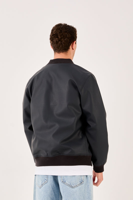 X-2012 Mens Bomber Jacket Black Zip Front Ribbed Collar Cuffs Hem