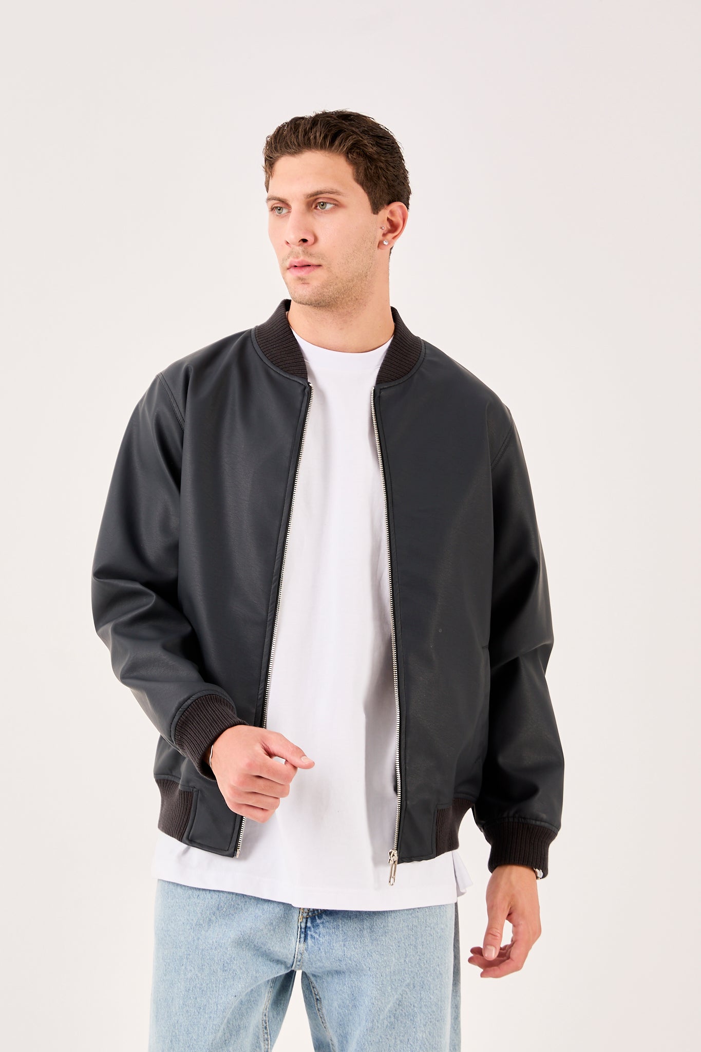 X-2012 Mens Bomber Jacket Black Zip Front Ribbed Collar Cuffs Hem