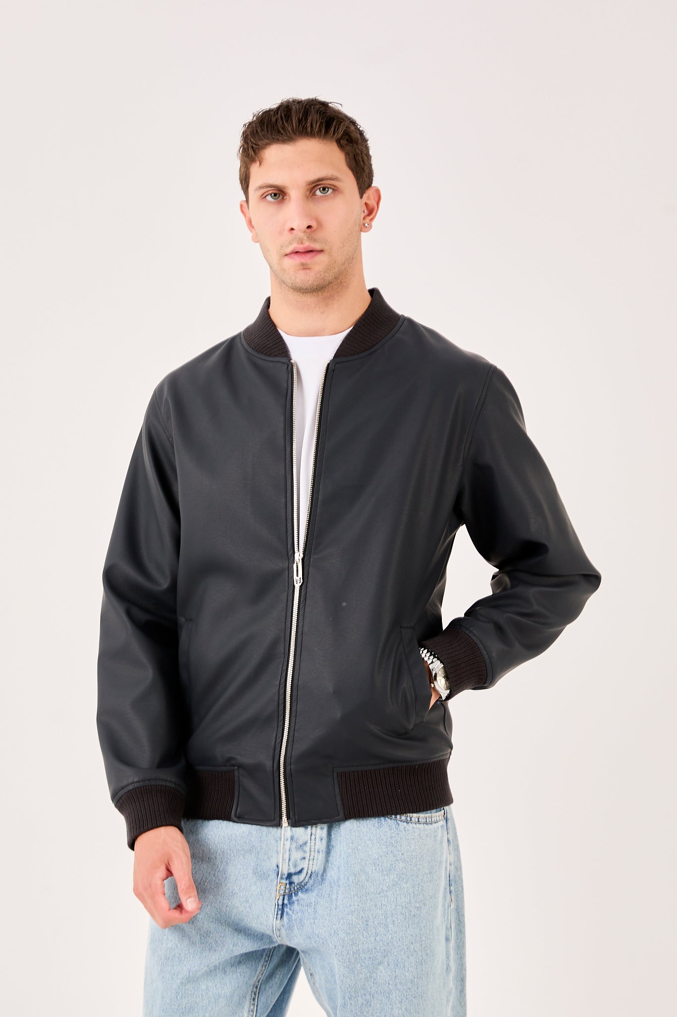 X-2012 Mens Bomber Jacket Black Zip Front Ribbed Collar Cuffs Hem