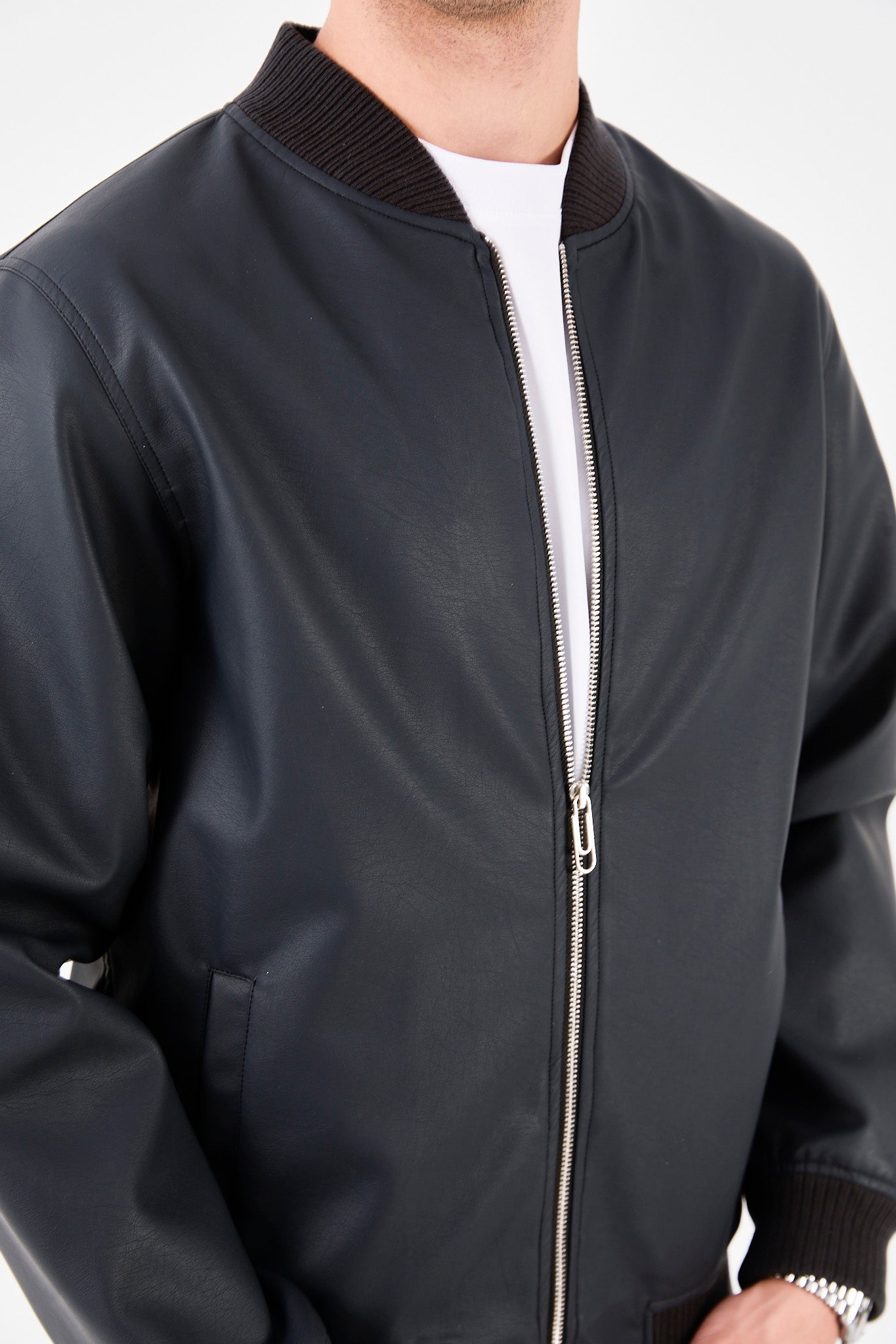 X-2012 Mens Bomber Jacket Black Zip Front Ribbed Collar Cuffs Hem