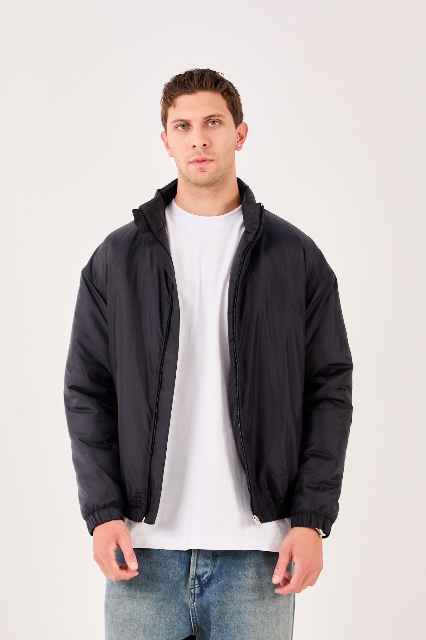 X-2009 Mens Lightweight Puffer Jacket Black Zip Front Stand Collar Elastic Hem