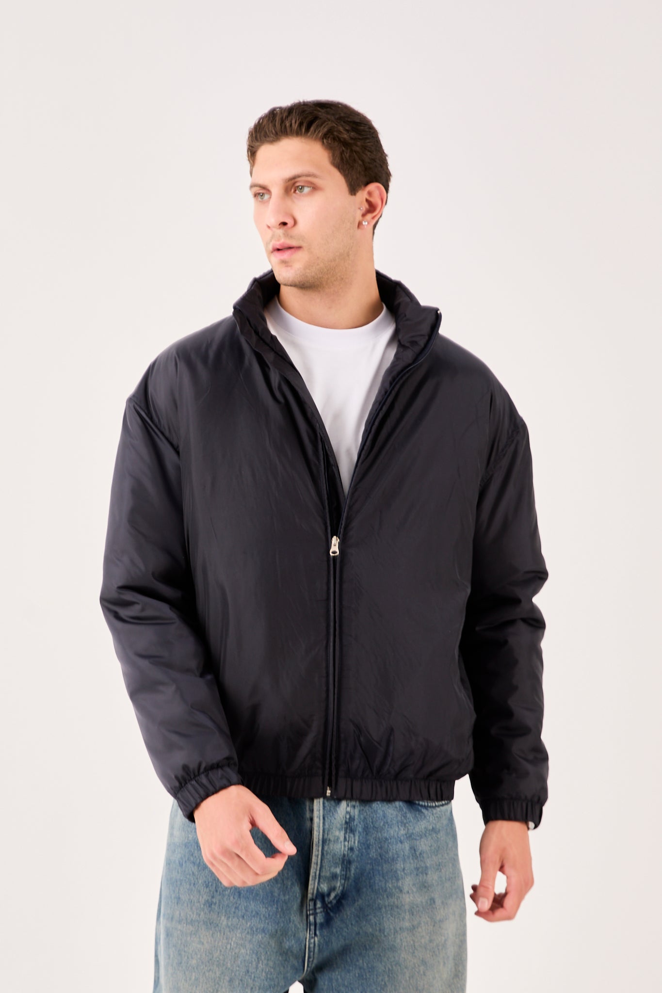 X-2009 Mens Lightweight Puffer Jacket Black Zip Front Stand Collar Elastic Hem