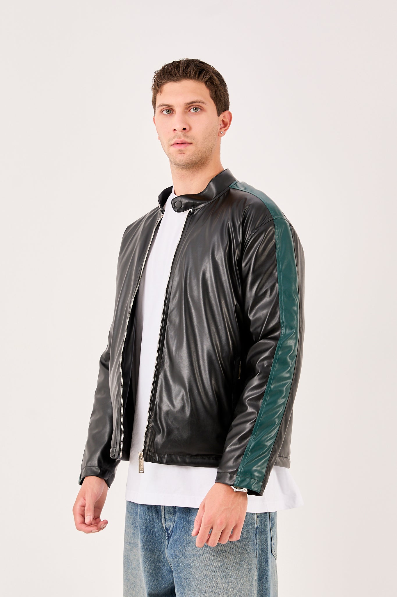 X-2016 Mens Biker Jacket Faux Leather Black with Dark Green Stripe