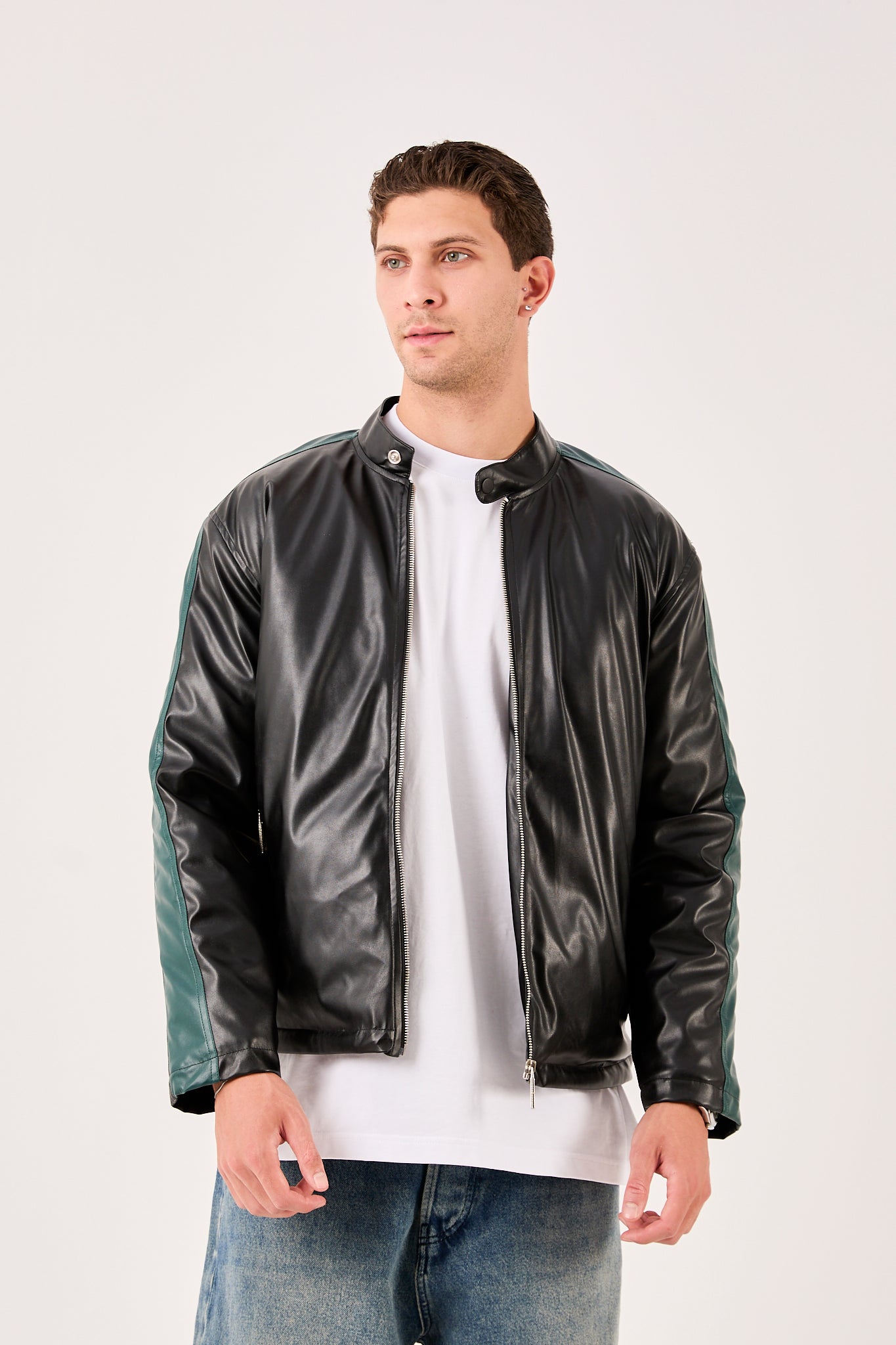 X-2016 Mens Biker Jacket Faux Leather Black with Dark Green Stripe