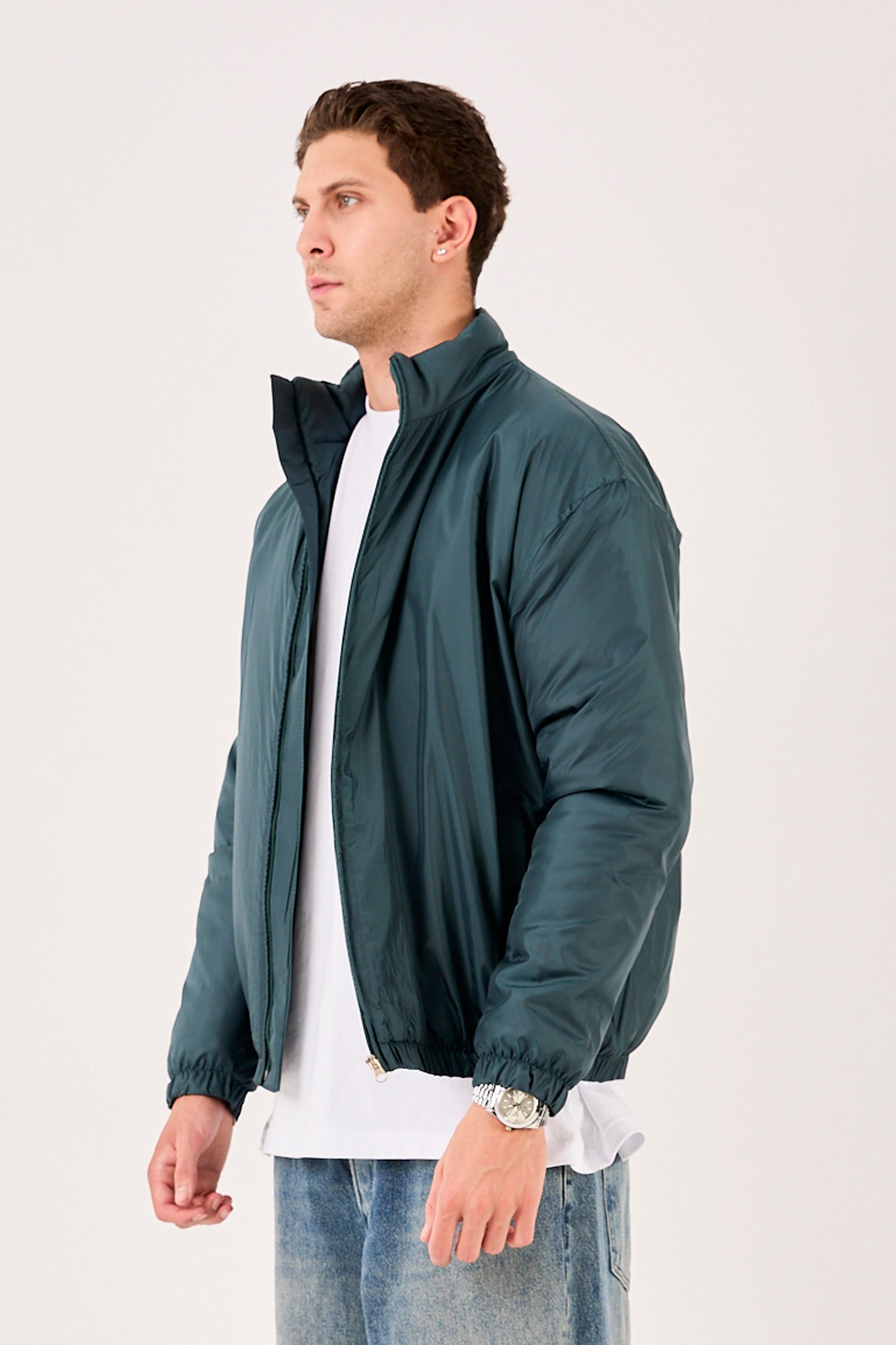 X-2009 Mens Lightweight Puffer Jacket Green Zip Front Stand Collar Elastic Hem
