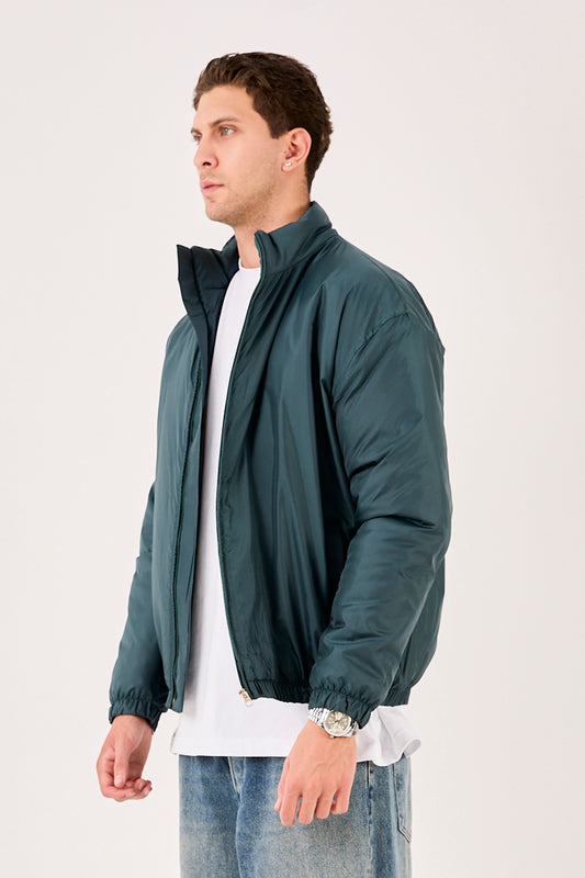 X-2009 Mens Lightweight Puffer Jacket Green Zip Front Stand Collar Elastic Hem