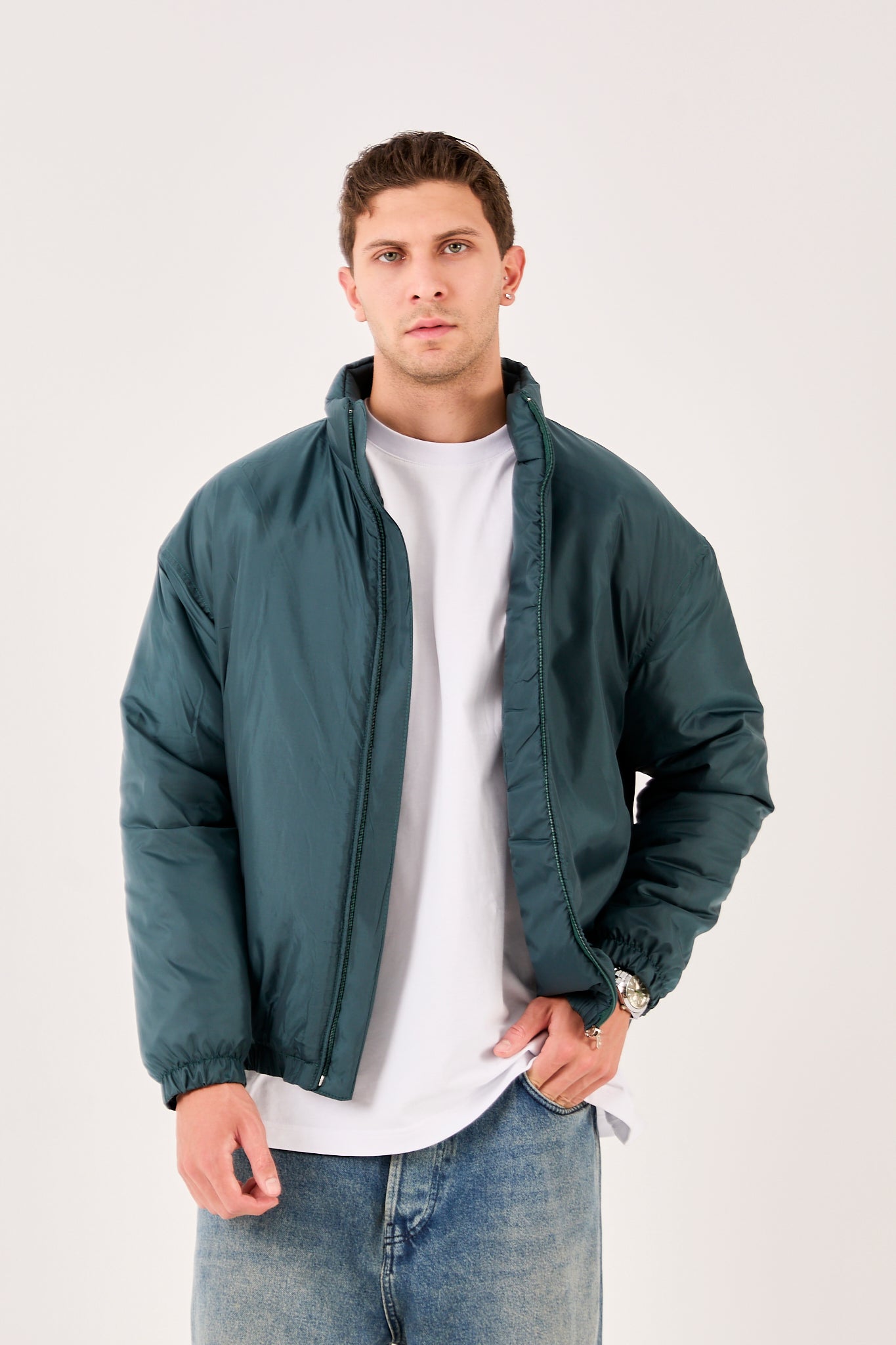 X-2009 Mens Lightweight Puffer Jacket Green Zip Front Stand Collar Elastic Hem