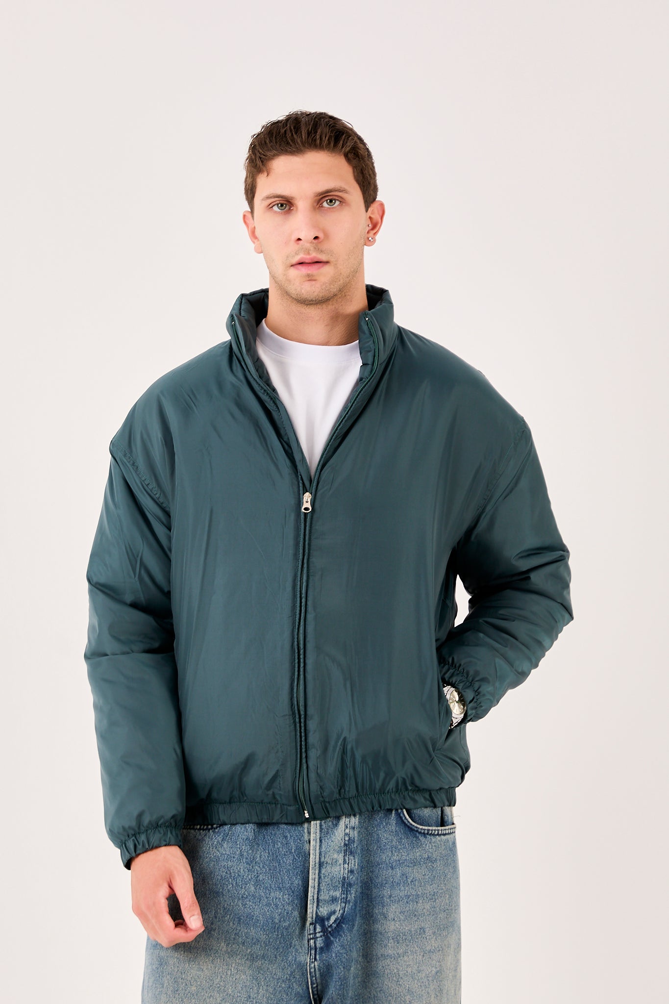 X-2009 Mens Lightweight Puffer Jacket Green Zip Front Stand Collar Elastic Hem