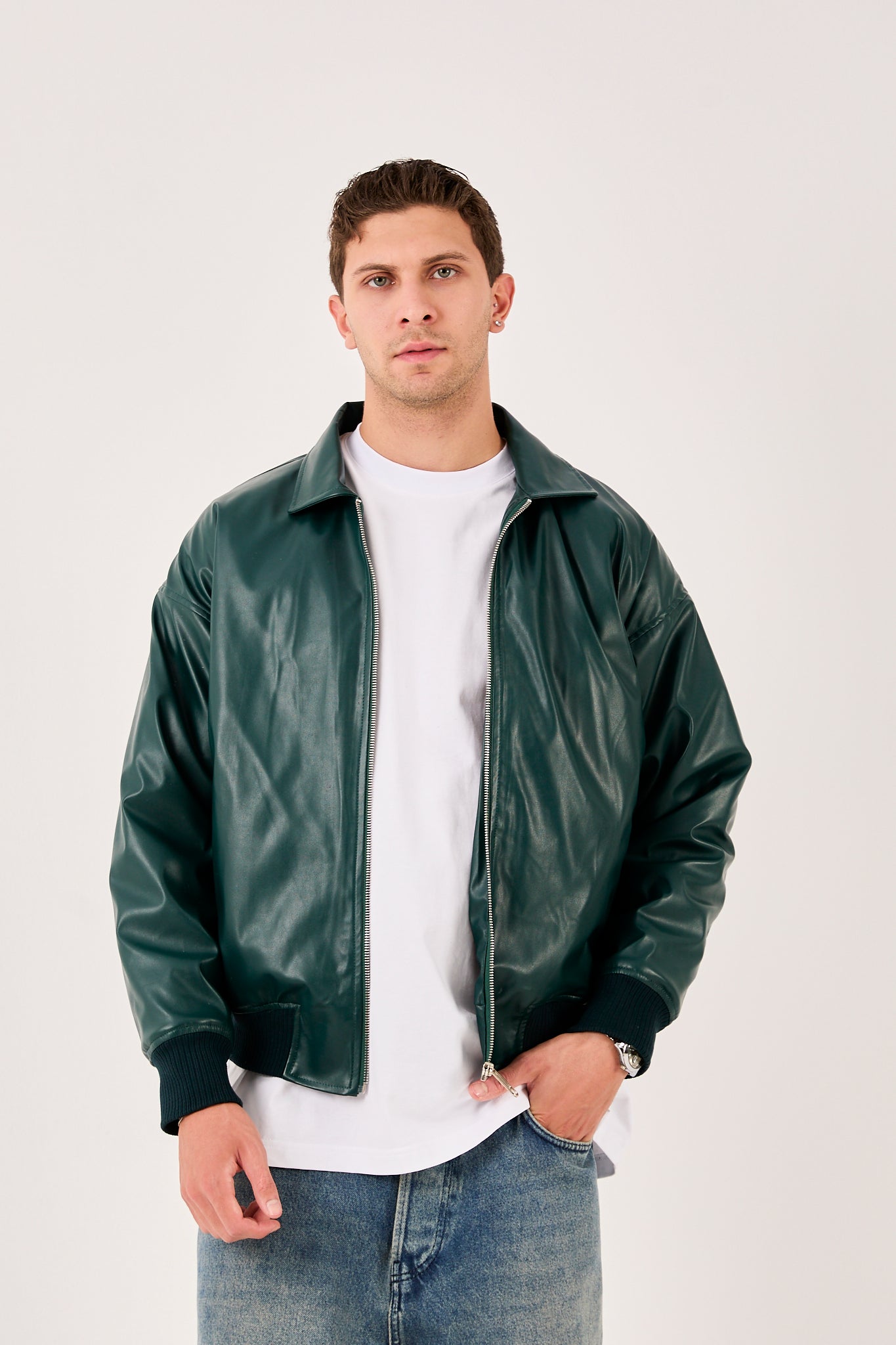 X-2015 Mens Bomber Jacket Dark Green Zip Front Shirt Collar Ribbed Hem