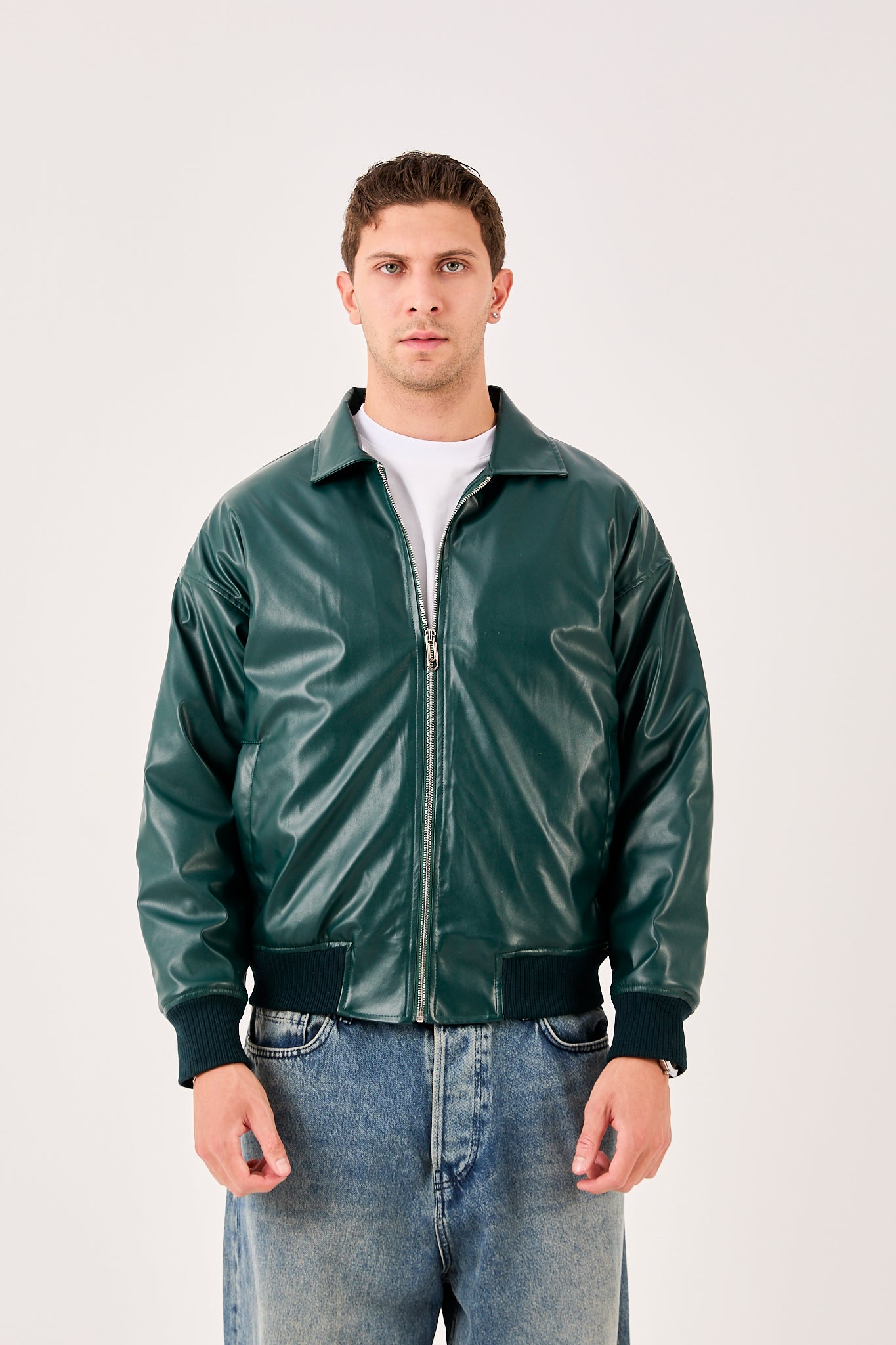 X-2015 Mens Bomber Jacket Dark Green Zip Front Shirt Collar Ribbed Hem