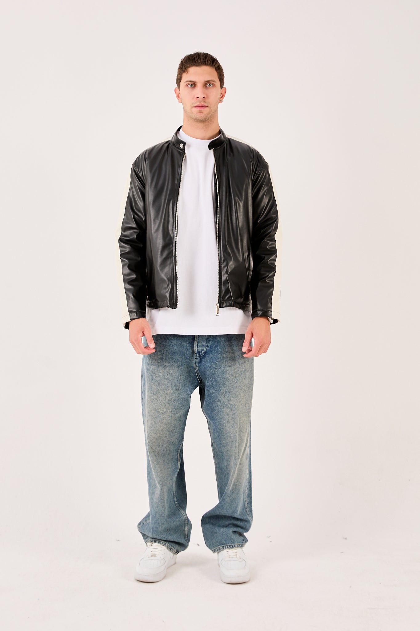X-2016 Mens Biker Jacket Faux Leather Black with White Stripe