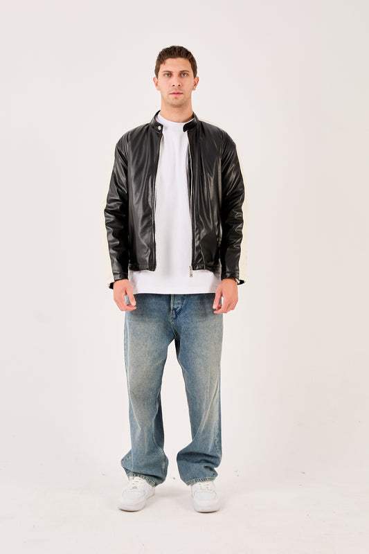 X-2016 Mens Biker Jacket Faux Leather Black with White Stripe