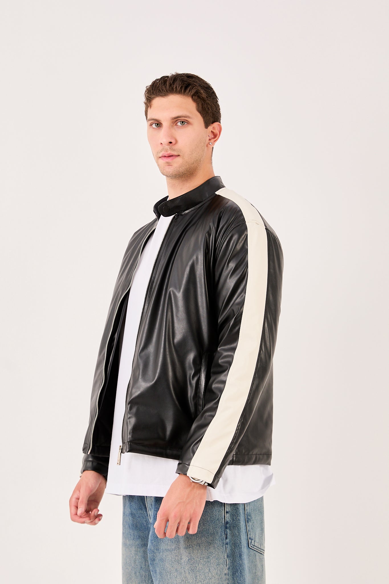 X-2016 Mens Biker Jacket Faux Leather Black with White Stripe