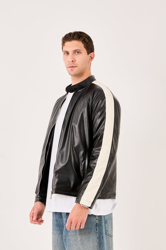 X-2016 Mens Biker Jacket Faux Leather Black with White Stripe