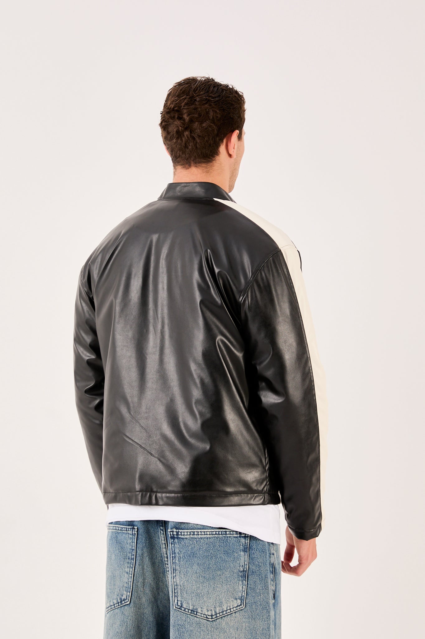 X-2016 Mens Biker Jacket Faux Leather Black with White Stripe