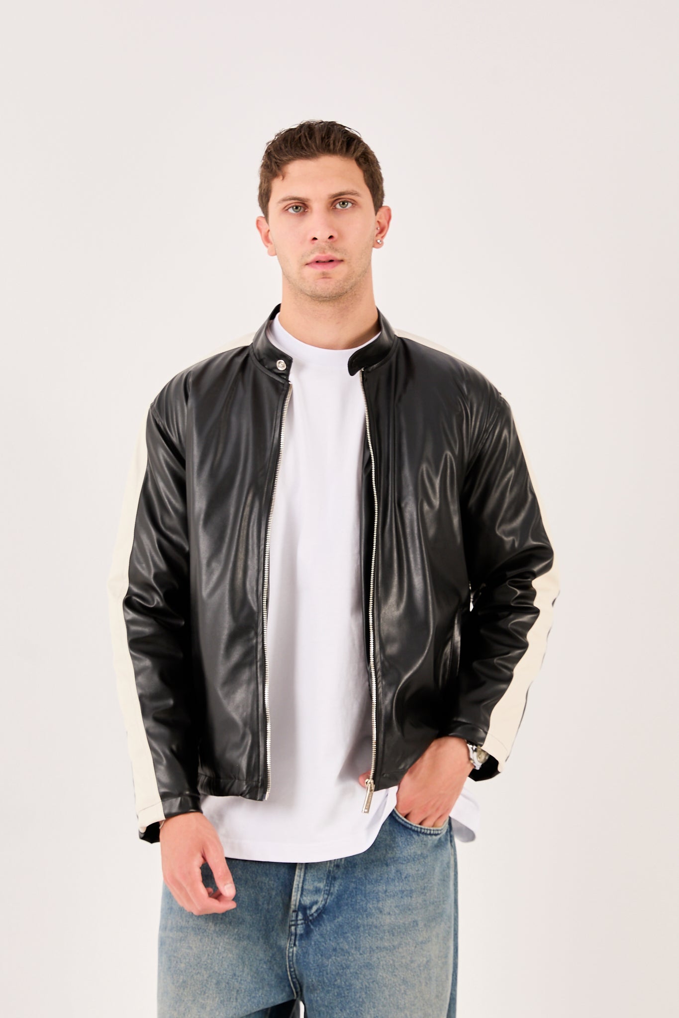 X-2016 Mens Biker Jacket Faux Leather Black with White Stripe