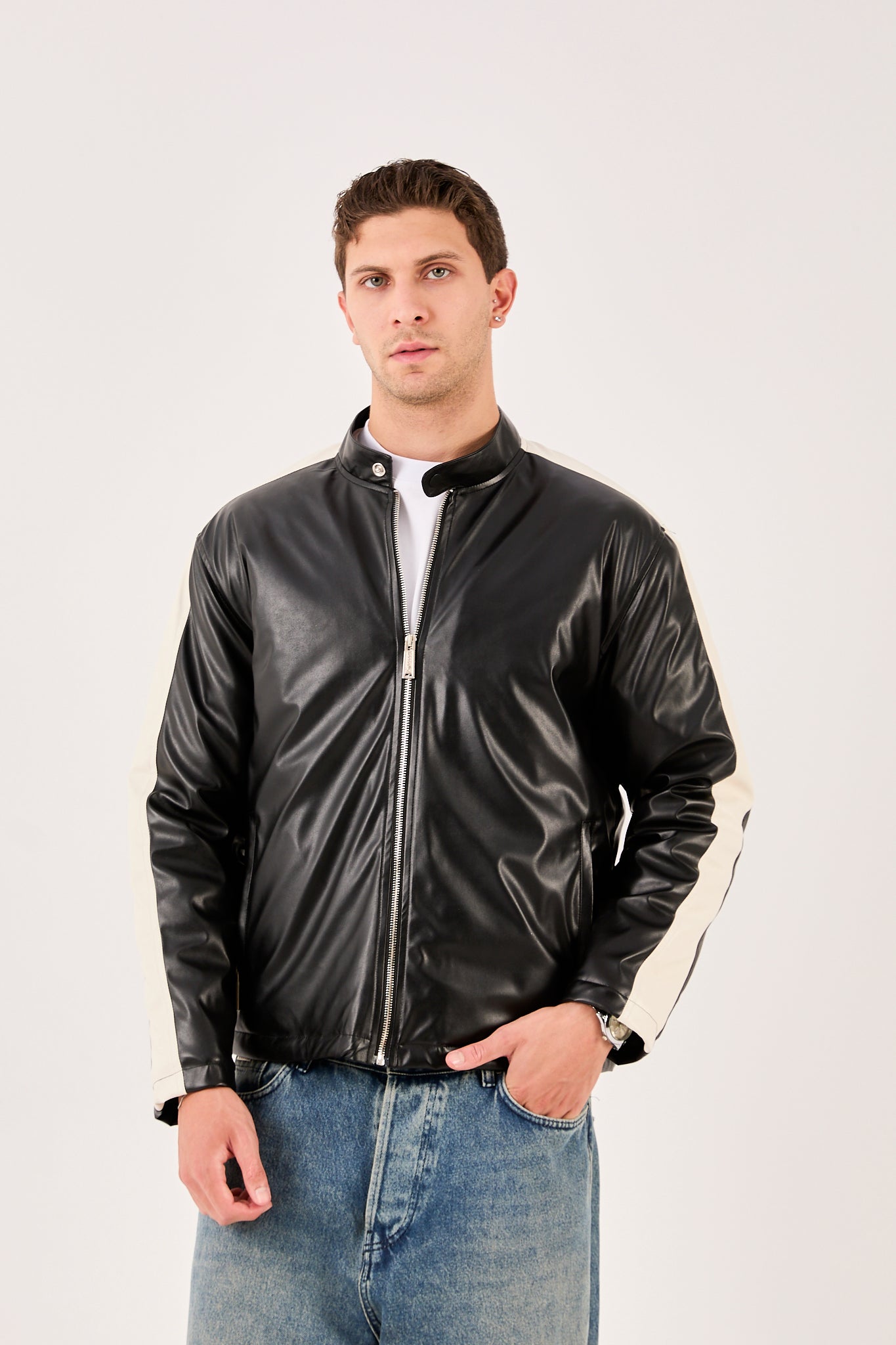X-2016 Mens Biker Jacket Faux Leather Black with White Stripe