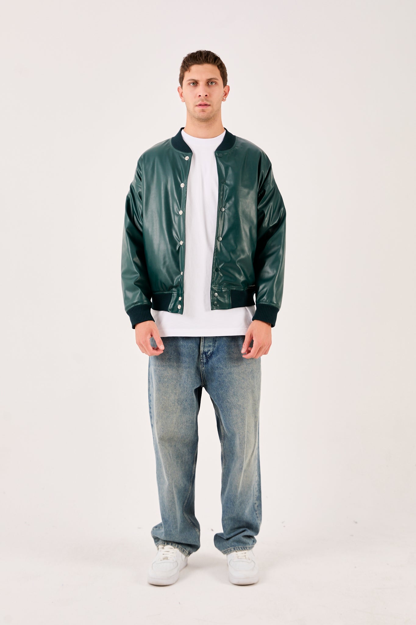 X-2018 X-2018 Mens Snap Button Faux Leather Jacket DARK GREEN Bomber Style