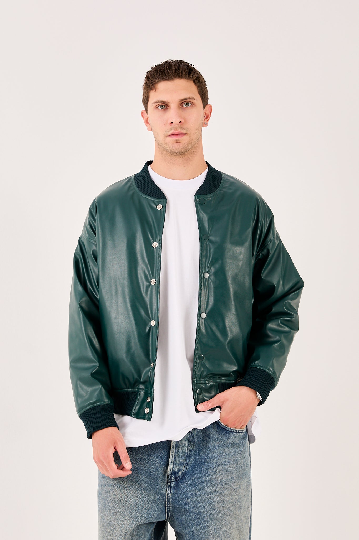 X-2018 X-2018 Mens Snap Button Faux Leather Jacket DARK GREEN Bomber Style