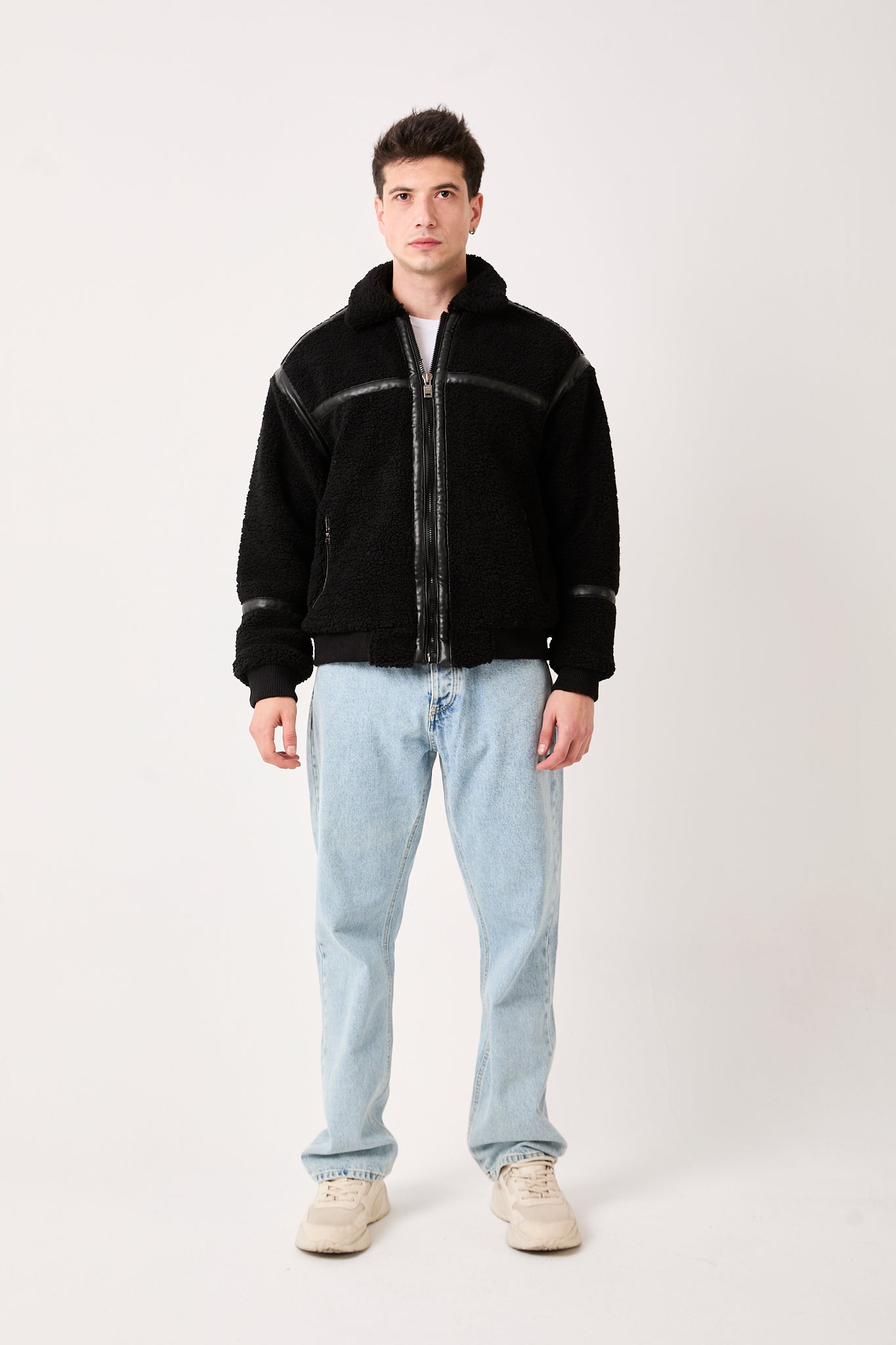 5822 – Black Sherpa Jacket with Faux Leather Details