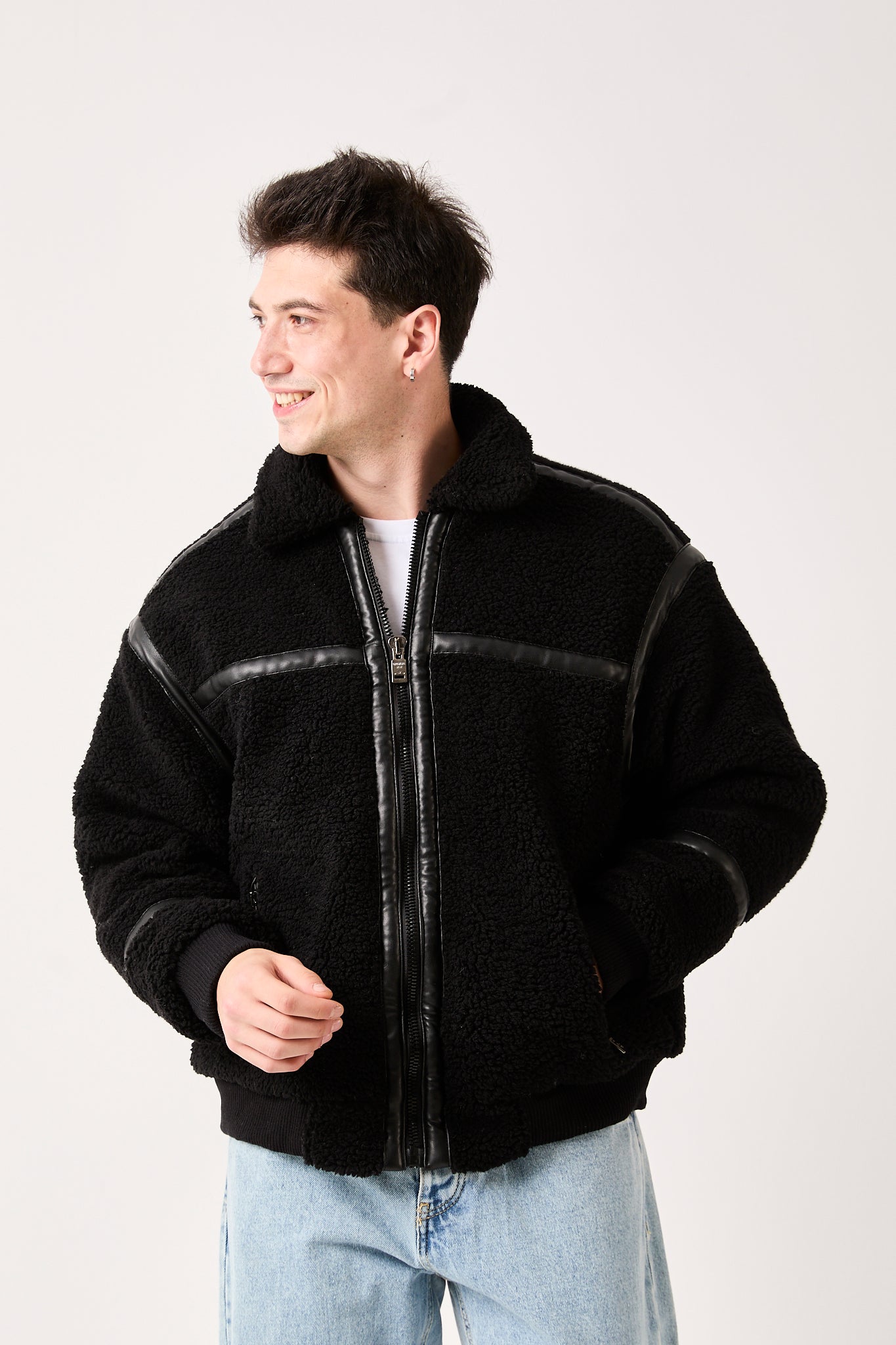 5822 – Black Sherpa Jacket with Faux Leather Details