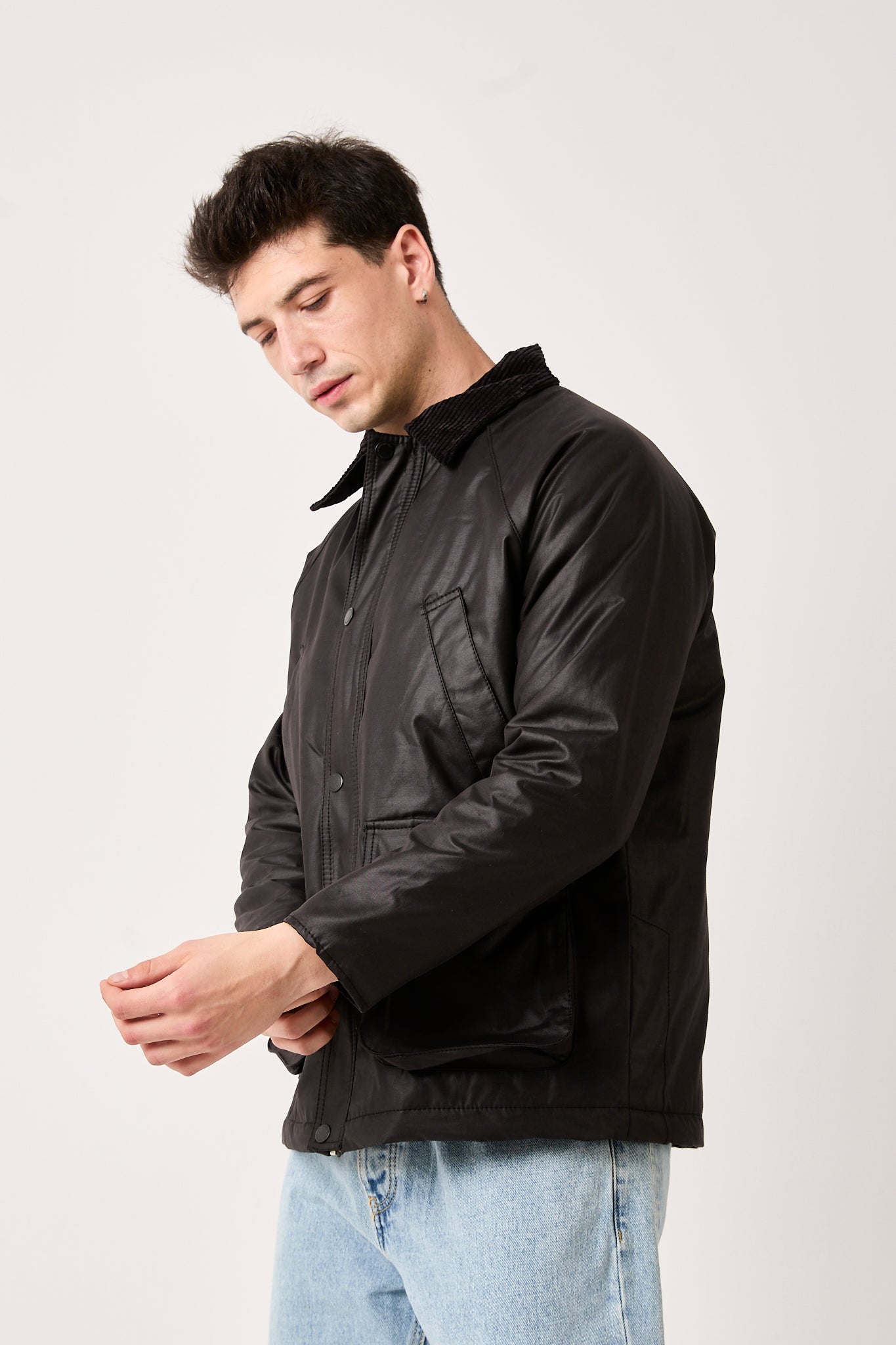 Black Waxed Jacket with Corduroy Collar – 5850