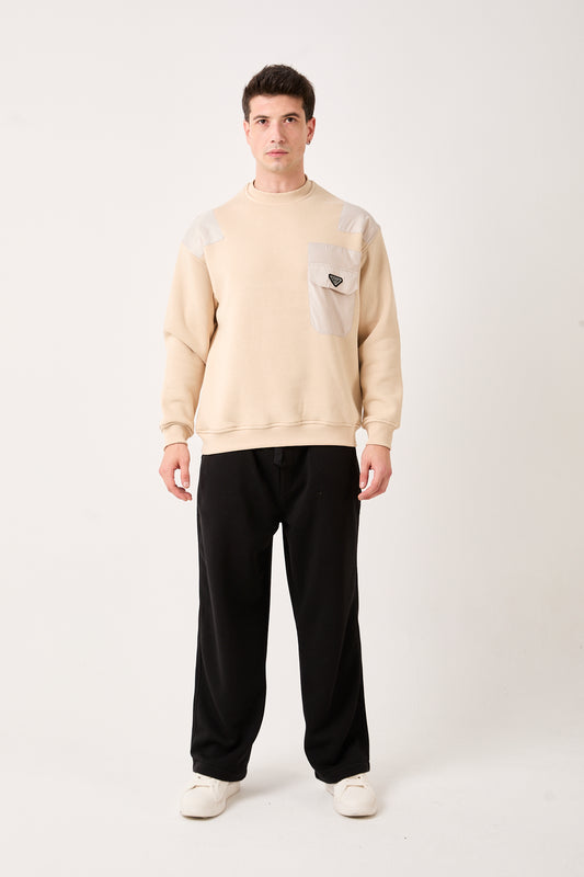 X-1004 Oversized Sweatshirt with Zipped Pocket – Beige | 3-Thread Brushed Fleece