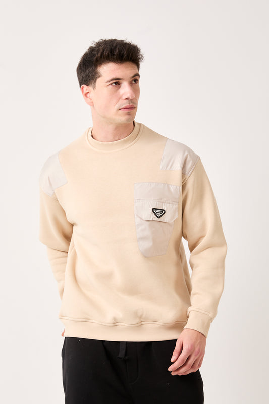 X-1004 Oversized Sweatshirt with Zipped Pocket – Beige | 3-Thread Brushed Fleece