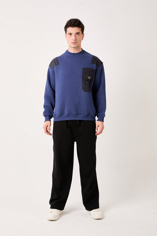 X-1005 Oversized Sweatshirt with Contrast Shoulder Panels & Zipped Chest Pocket – Navy | 3-Thread Brushed Fleece
