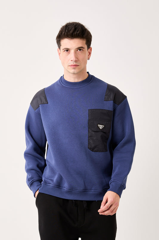 X-1005 Oversized Sweatshirt with Contrast Shoulder Panels & Zipped Chest Pocket – Navy | 3-Thread Brushed Fleece