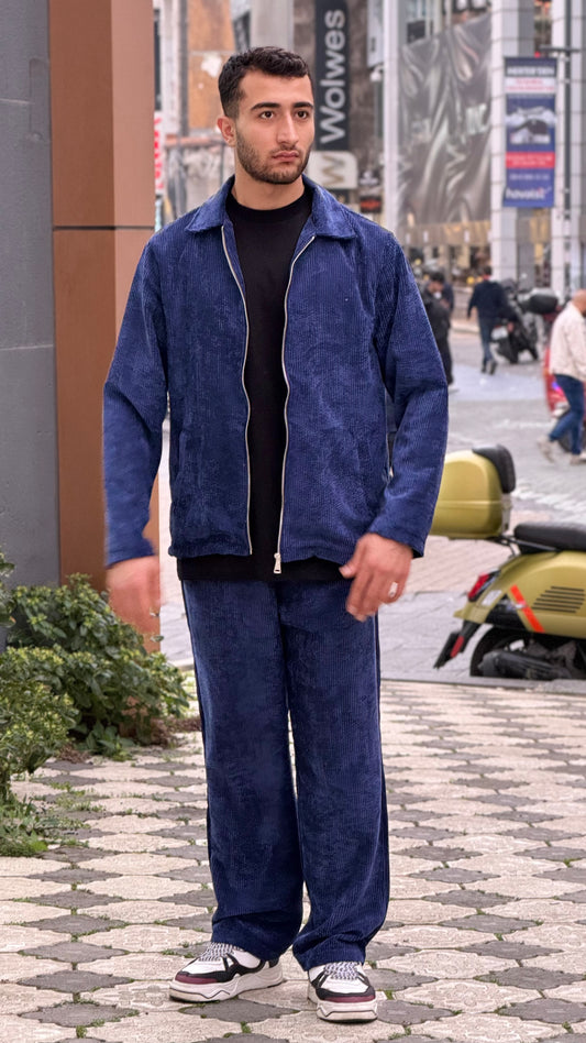 X-3002 Unisex Navy Blue Velvet Tracksuit – Premium Zip-Up Jacket & Trousers Set