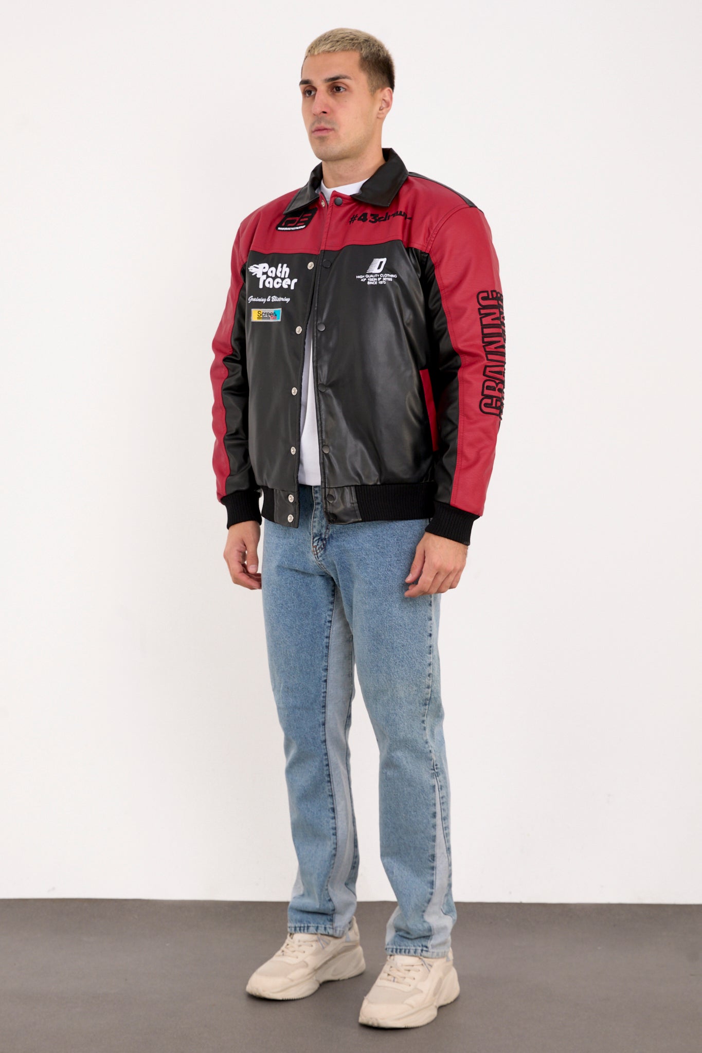 X-2384 Men’s Vegan Leather Racing Jacket with Patch Details