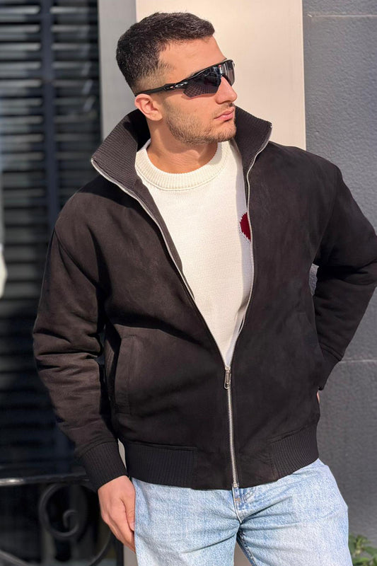 X-2021 Men’s Soft Suede Zip-Up Bomber Jacket – Blac