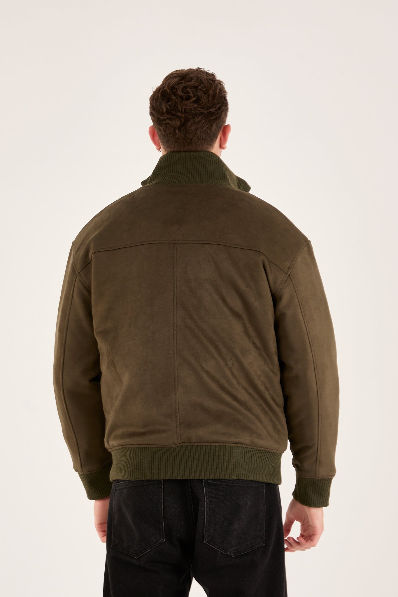 X-2021 Men’s Soft Suede Zip-Up Bomber Jacket – Olive Green