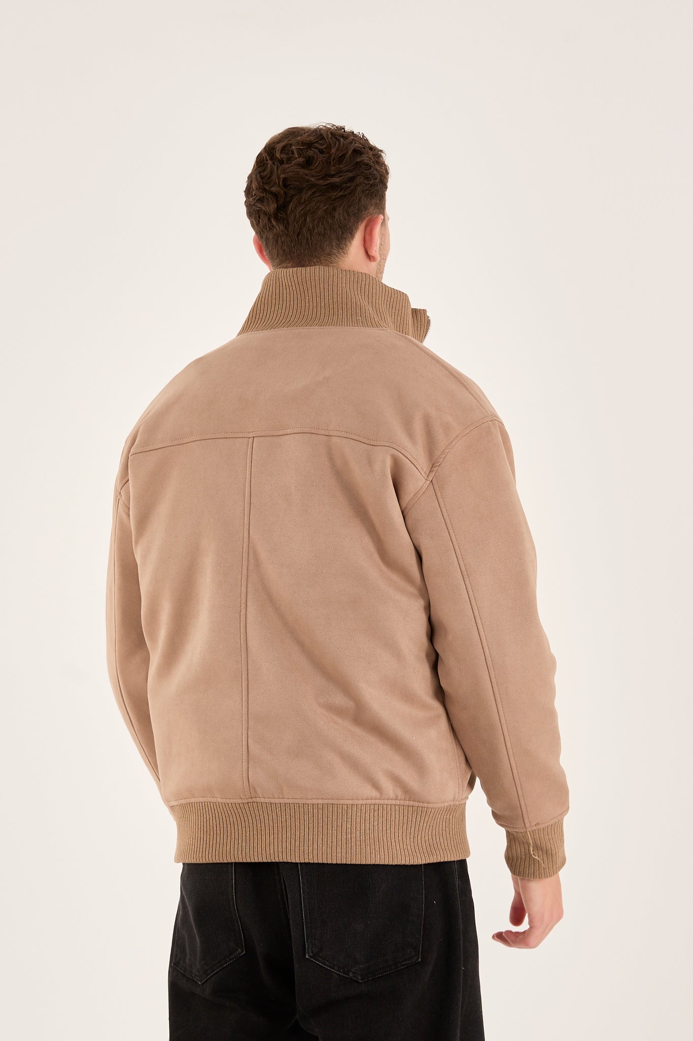 X-2021 Men’s Soft Suede Zip-Up Bomber Jacket – Beige