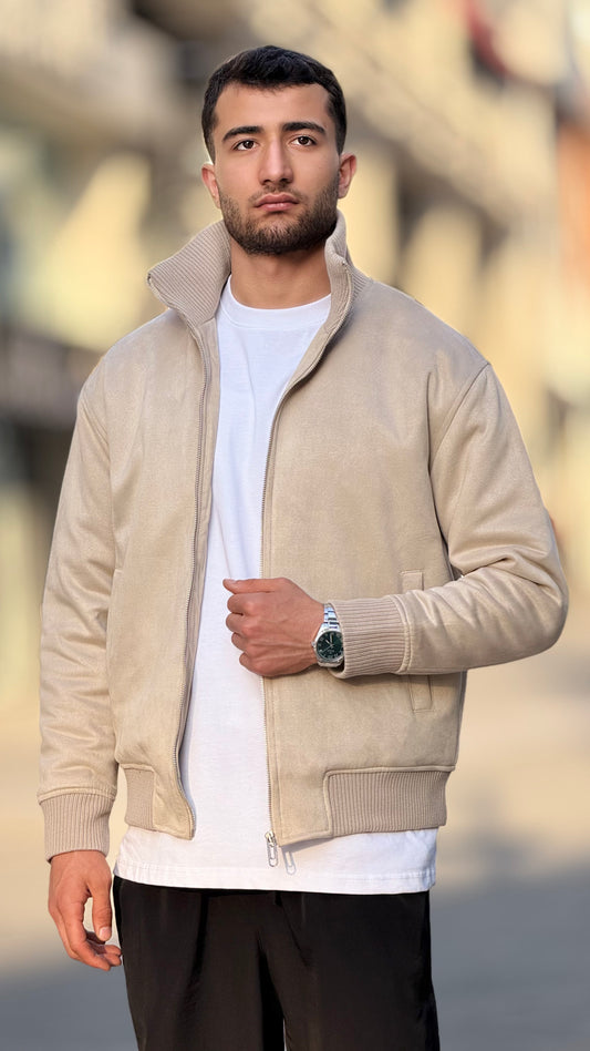 X-2021 Men’s Soft Suede Zip-Up Bomber Jacket – Cream Beige