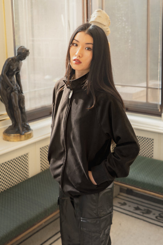 X-2022 Unisex Soft Suede Zip-Up Bomber Jacket – Black