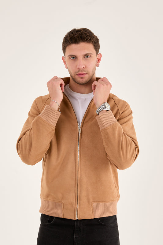 X-2022 Unisex Soft Suede Zip-Up Bomber Jacket – Camel