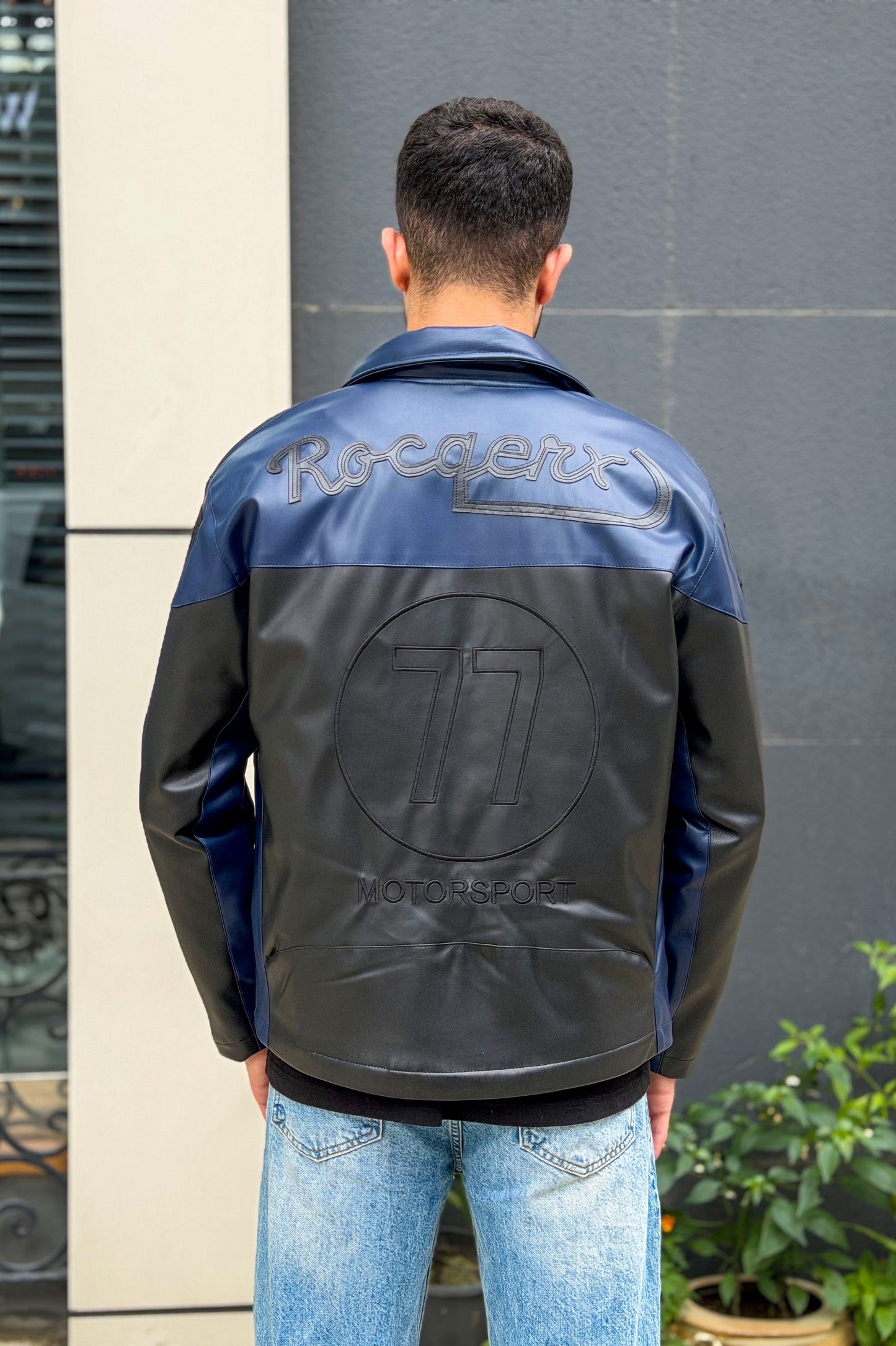 X-2024 Men’s Two-Tone Navy & Black Moto Style Leather Look Jacket